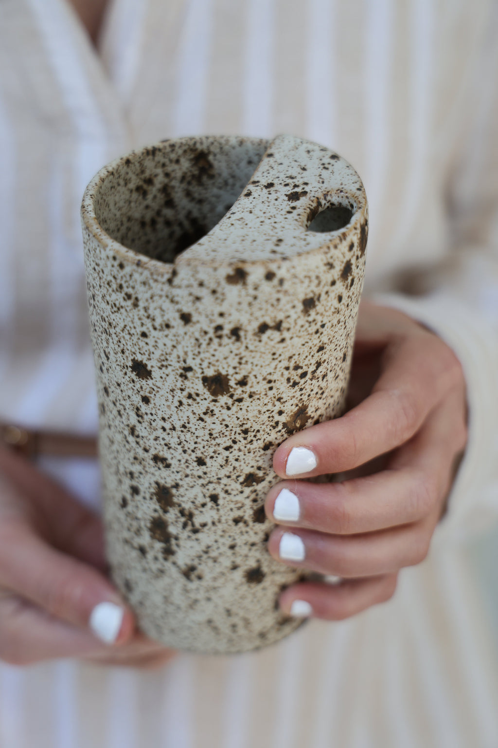 Quail Egg Speckled To Go Cup, Travel Mug, Travel Tumbler, Mustache Saver, Ceramic Stoneware,  Hand Thrown in Maine 14-16oz.  Pottery Cup