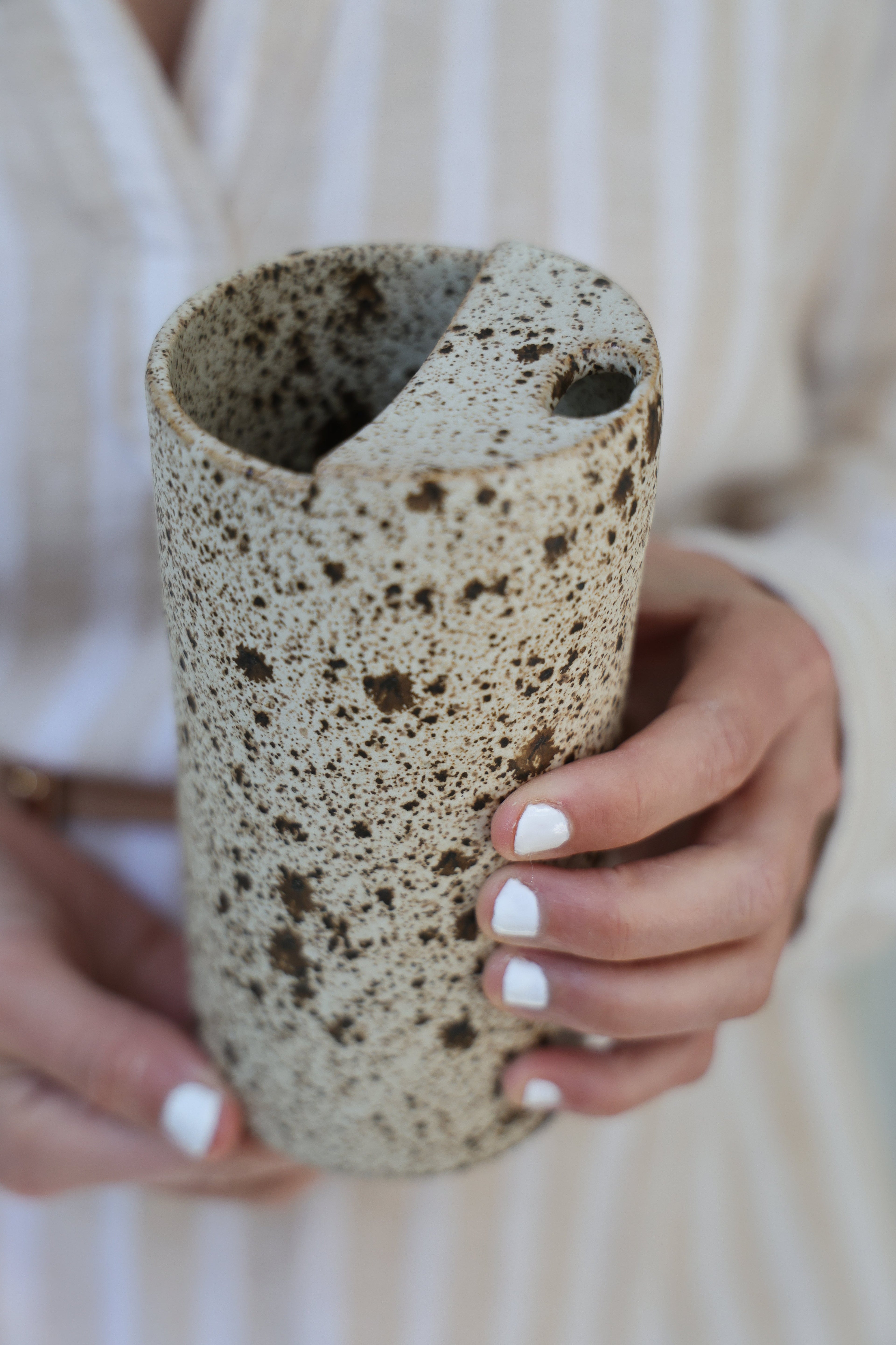 Quail Egg Speckled To Go Cup, Travel Mug, Travel Tumbler, Mustache Saver, Ceramic Stoneware,  Hand Thrown in Maine 14-16oz.  Pottery Cup