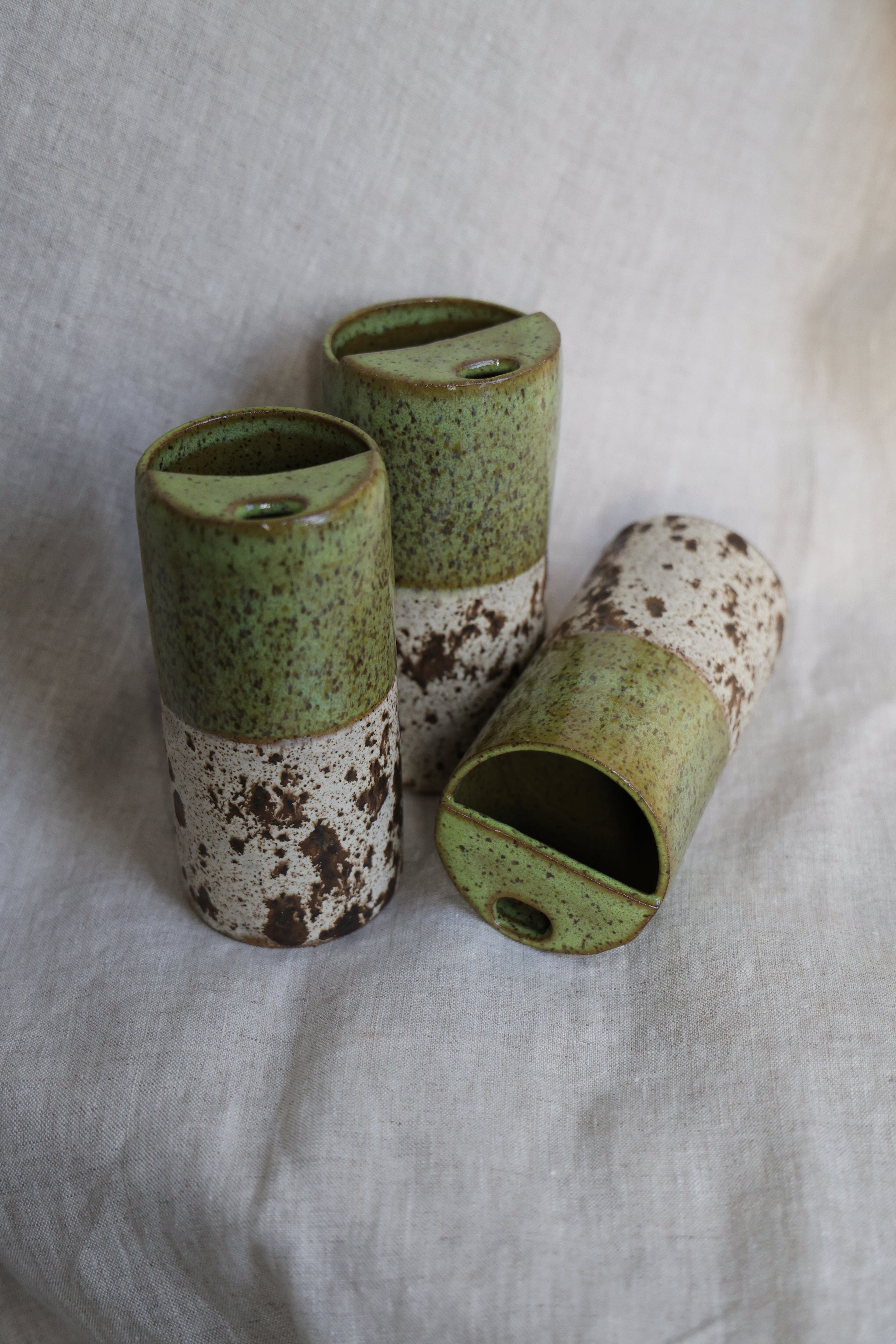 Green travel mug with creamy speckled bottom, Mustache Saver, Ceramic Stoneware Hand Thrown in Maine 14-16oz.