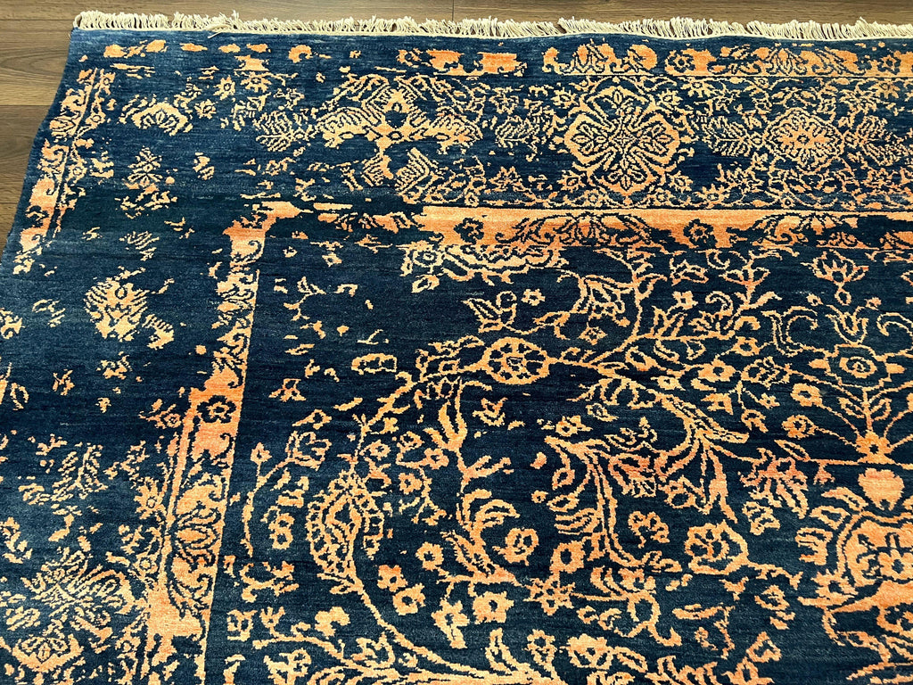 Area Rug 8x10 High Quality Handmade Oriental Carpet, Modern Contemporary Rug, Rug for Living Room, Wool Rug, Blue and Gold, Pakistani Rug