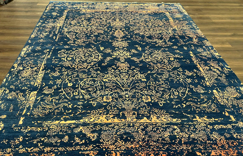 Area Rug 8x10 High Quality Handmade Oriental Carpet, Modern Contemporary Rug, Rug for Living Room, Wool Rug, Blue and Gold, Pakistani Rug