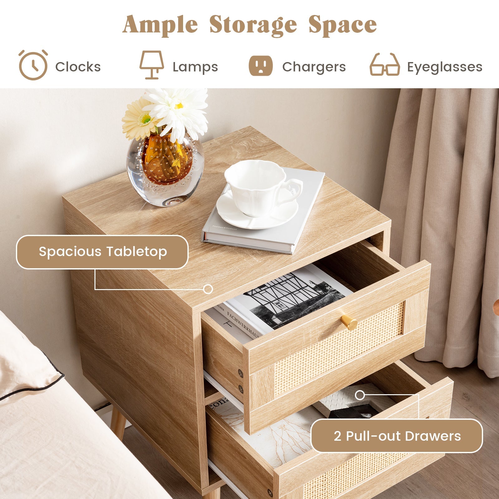 Rattan Nightstand Boho Accent Bedside Table with 2 Storage Drawers-Natural