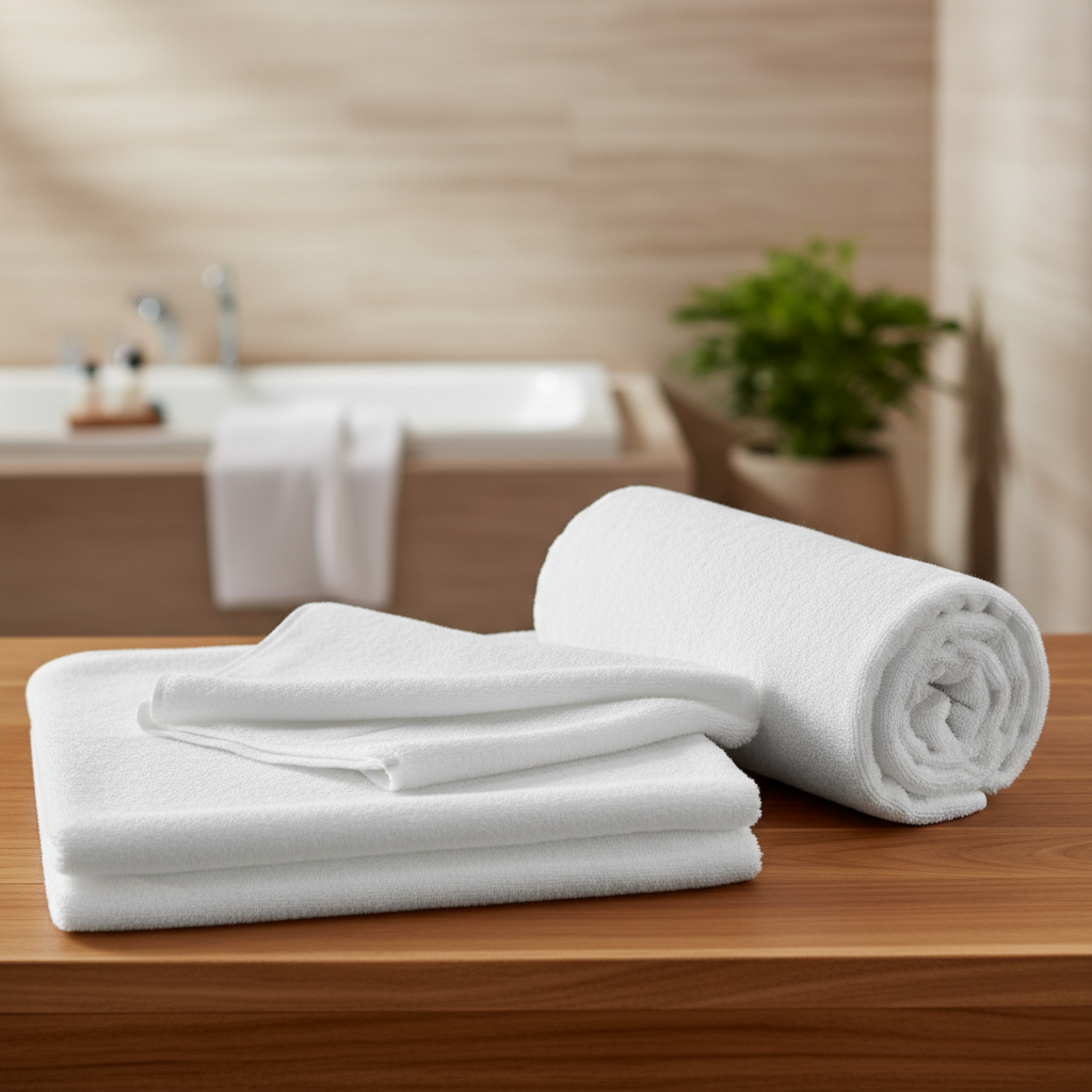 Two white plush bath sheets on a teak surface