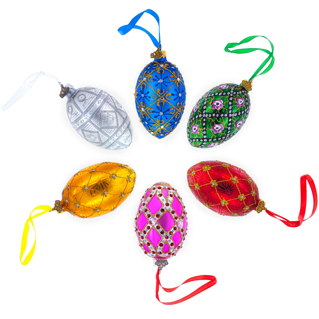 Jeweled Green IKAT on Red Glass Egg Christmas Ornament 4 Inches