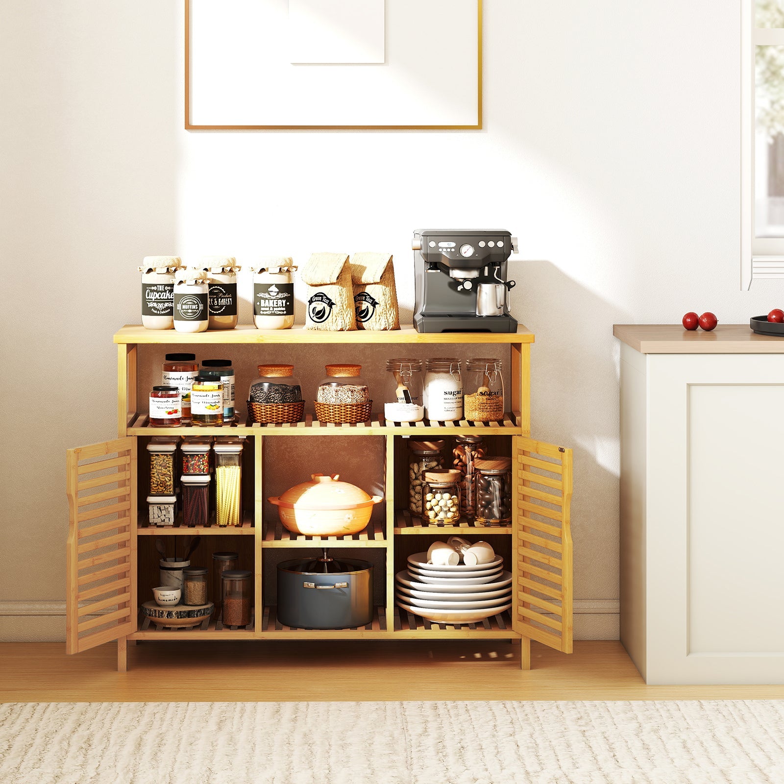 Bamboo Bathroom Cabinet with Shelves and Doors-Natural